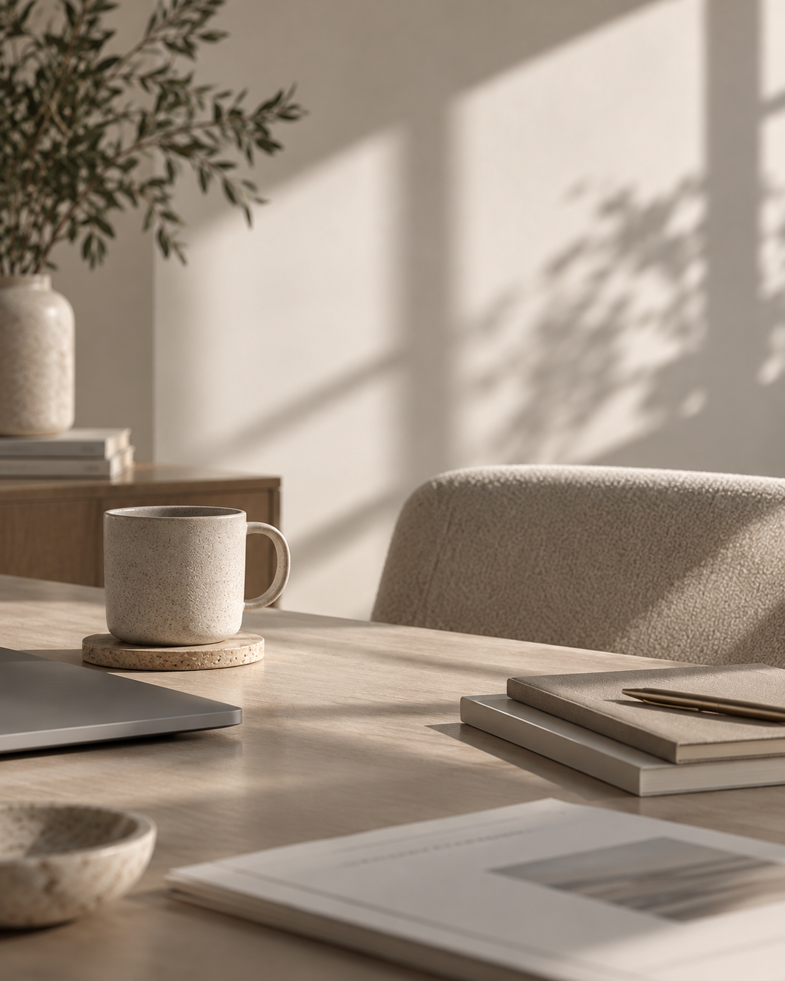 Rustige werkplek met bureau, notitieboeken en natuurlijk licht