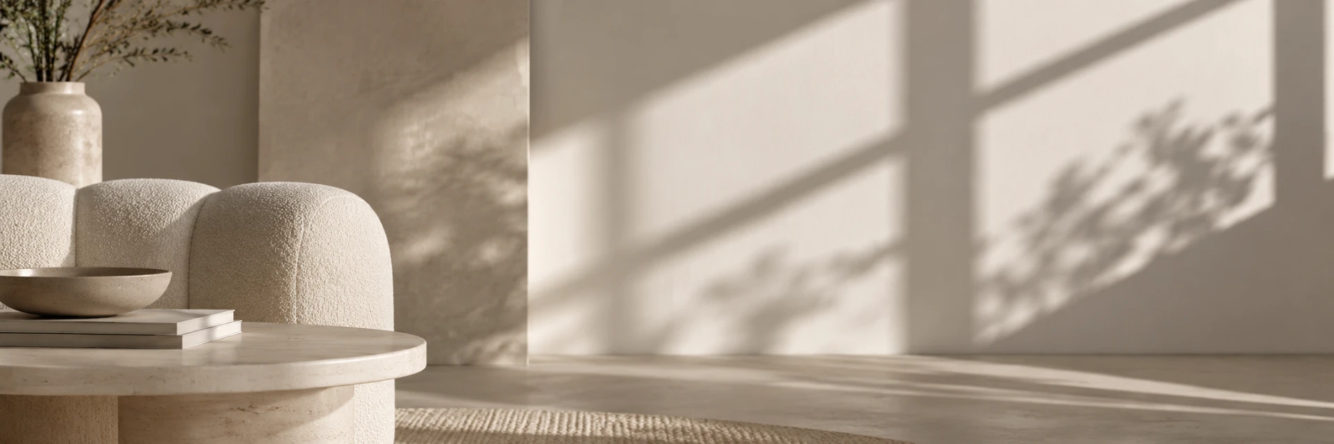 Warm Japandi interieur met zacht daglicht en schaduwspel